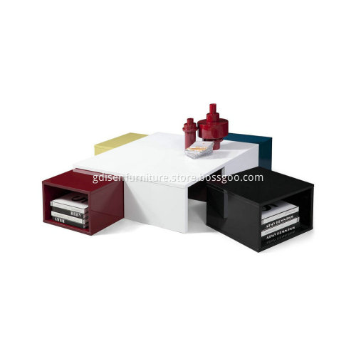 Modern White Coffee Table With Colored Stools